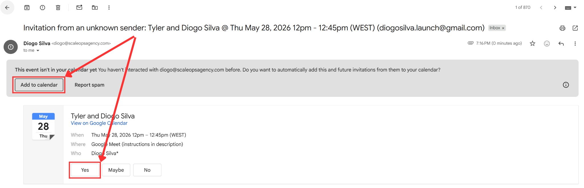 Confirm your call — Add to calendar and click Yes