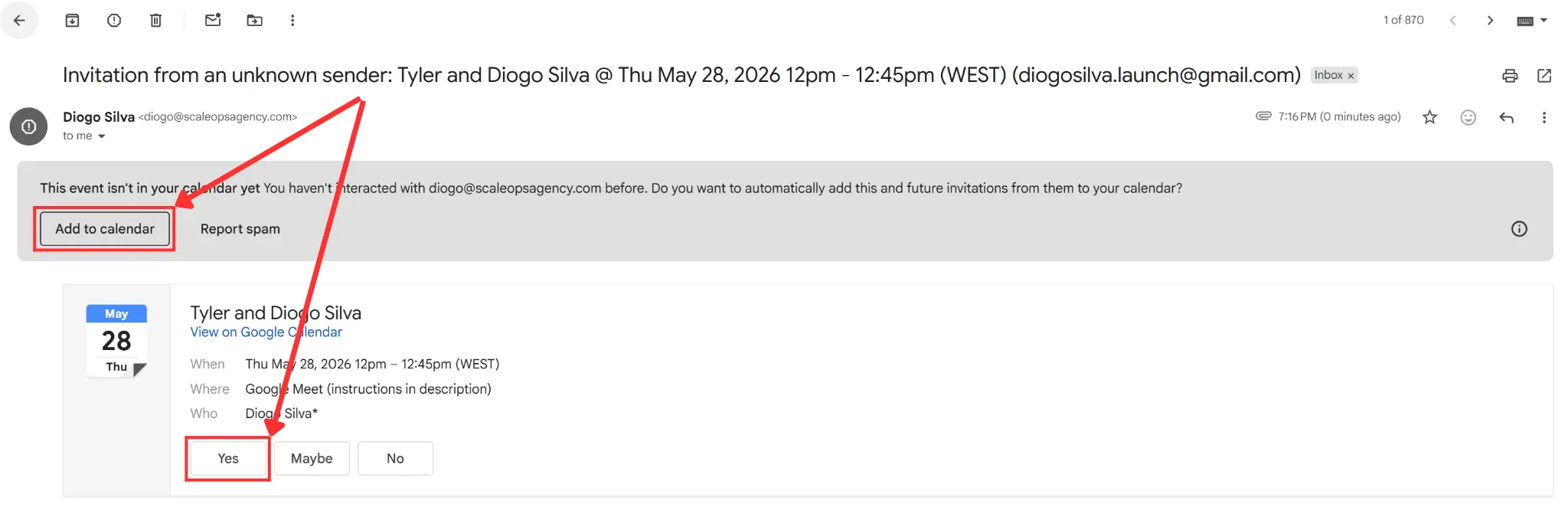 Confirm your call — Add to calendar and click Yes